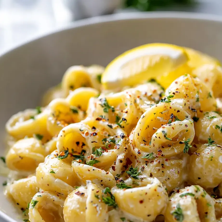 Un bol de pasta con una rodaja de limón encima.
