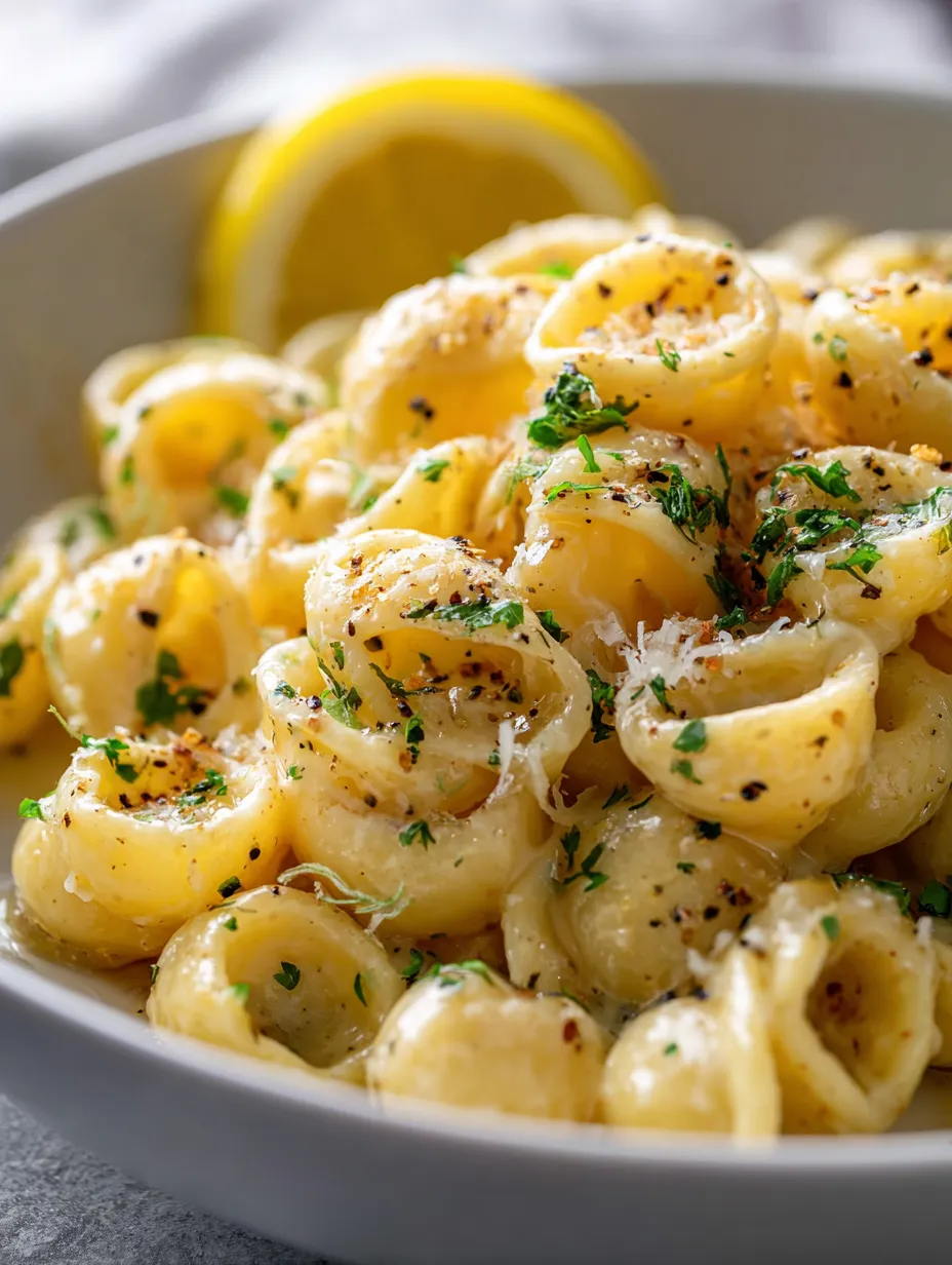 Un tazón de pasta con una rodaja de limón encima.
