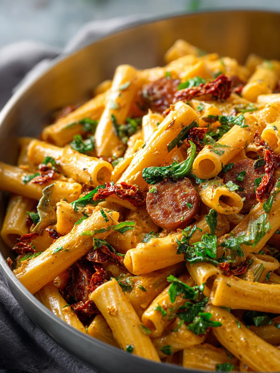 Un bol de pasta con salchicha y vegetales.