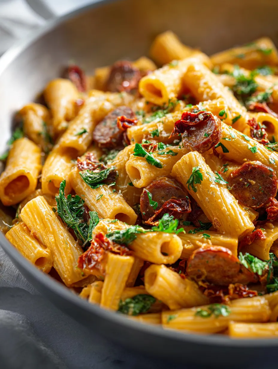 Un bol de pasta con salchicha y hierbas.