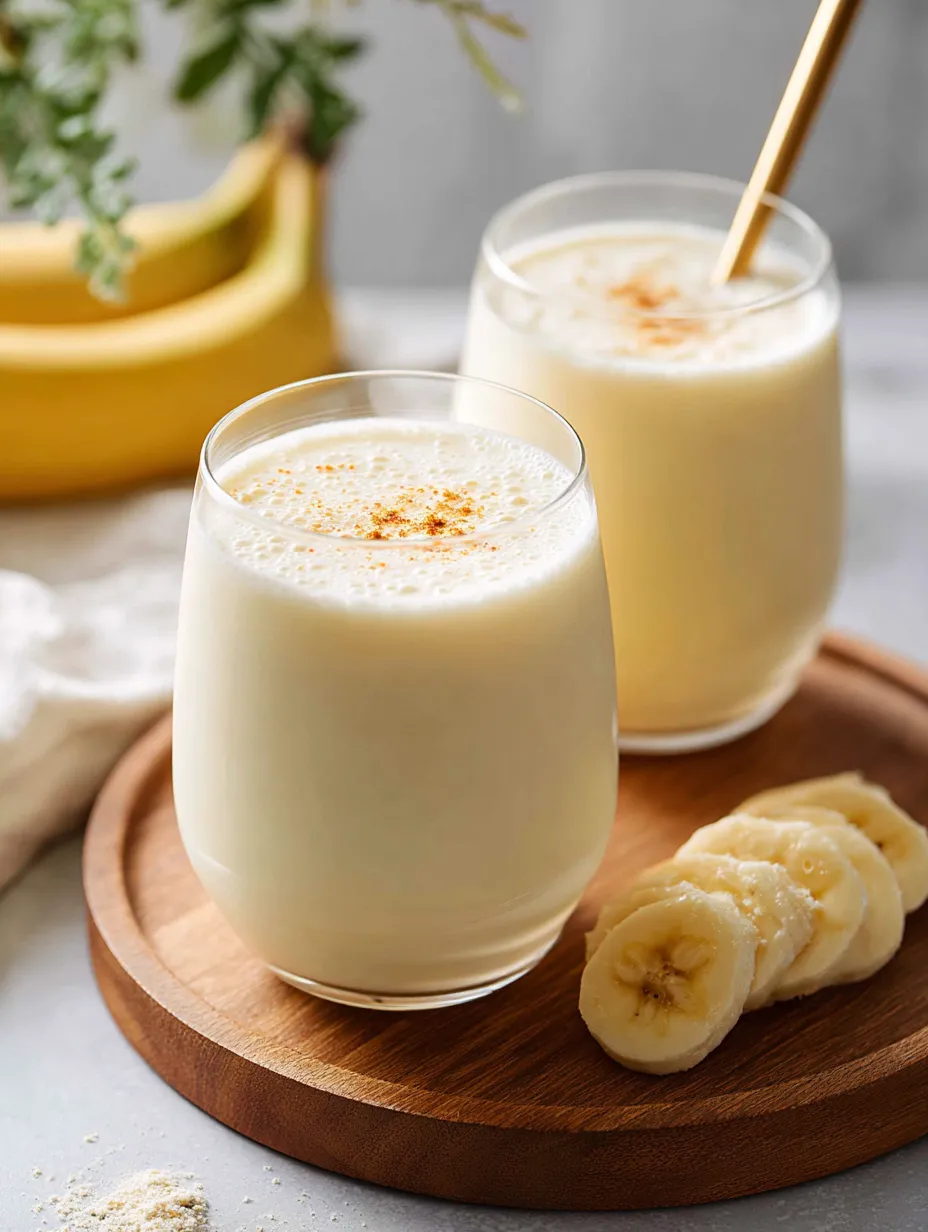 Dos vasos de leche junto a plátanos en una mesa.
