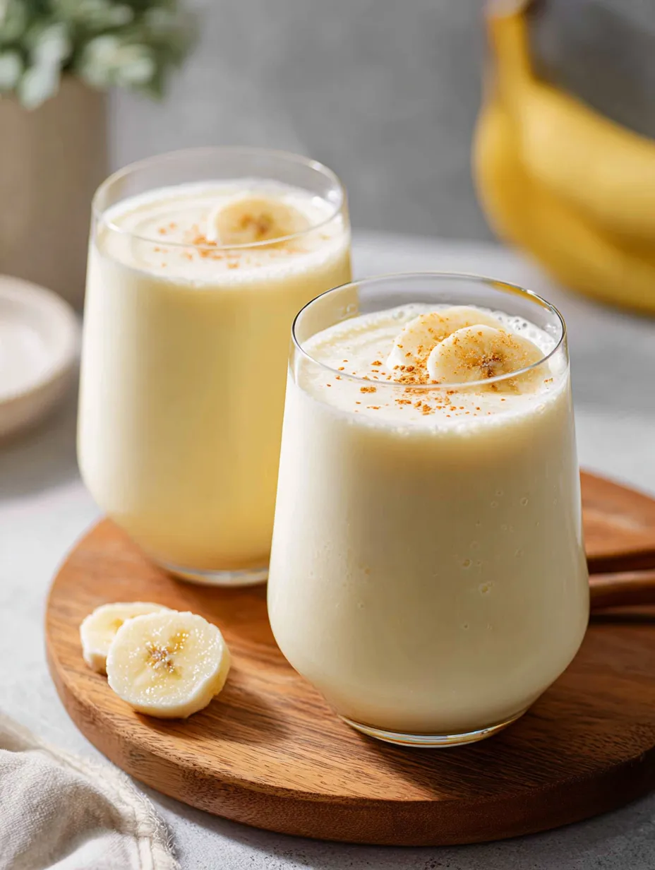Dos vasos de leche de plátano sobre una mesa de madera.