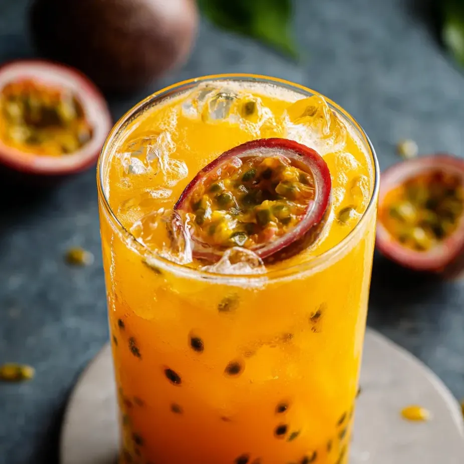 Vaso de jugo color naranja con una rodaja de fruta.
