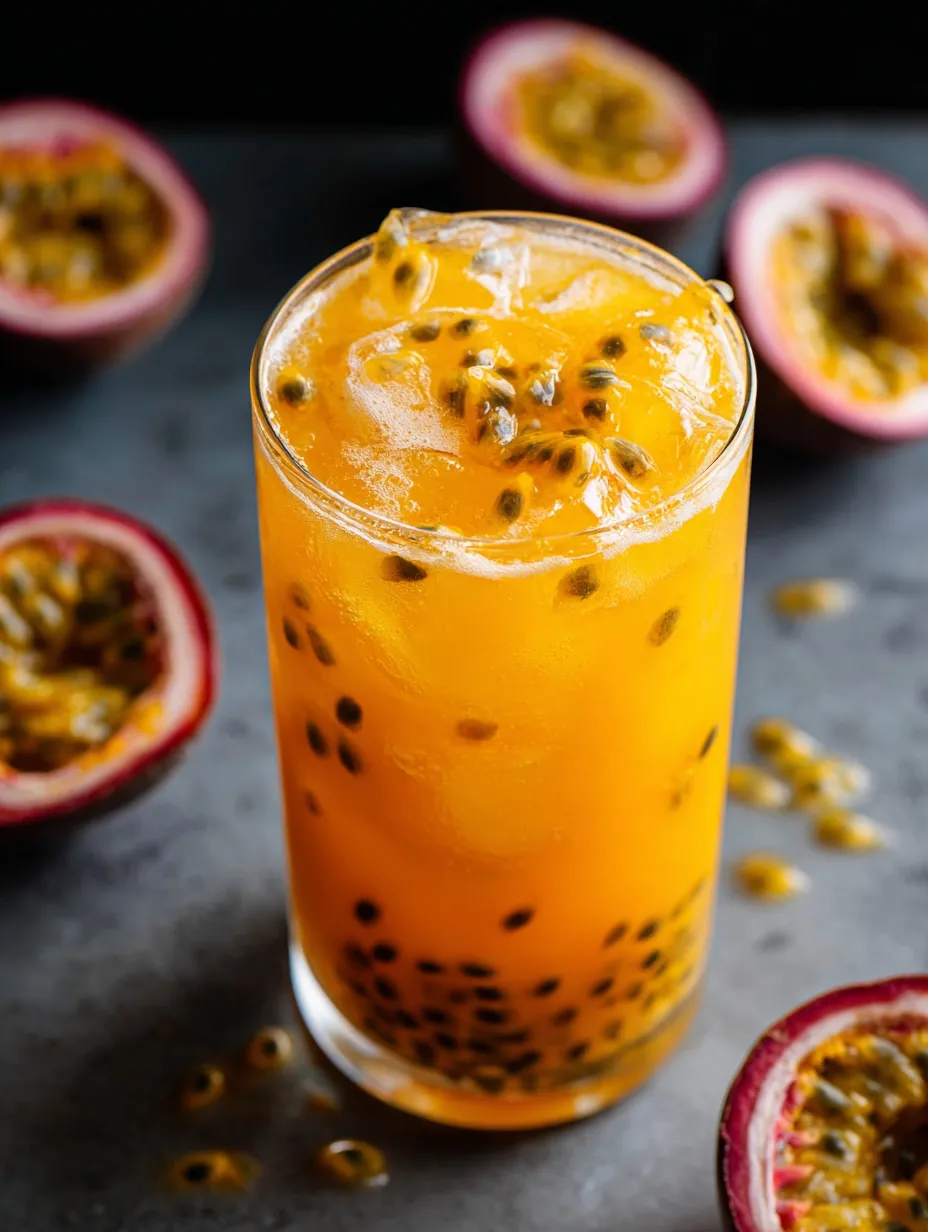 Un vaso de jugo de naranja con varias frutas sobre la mesa.