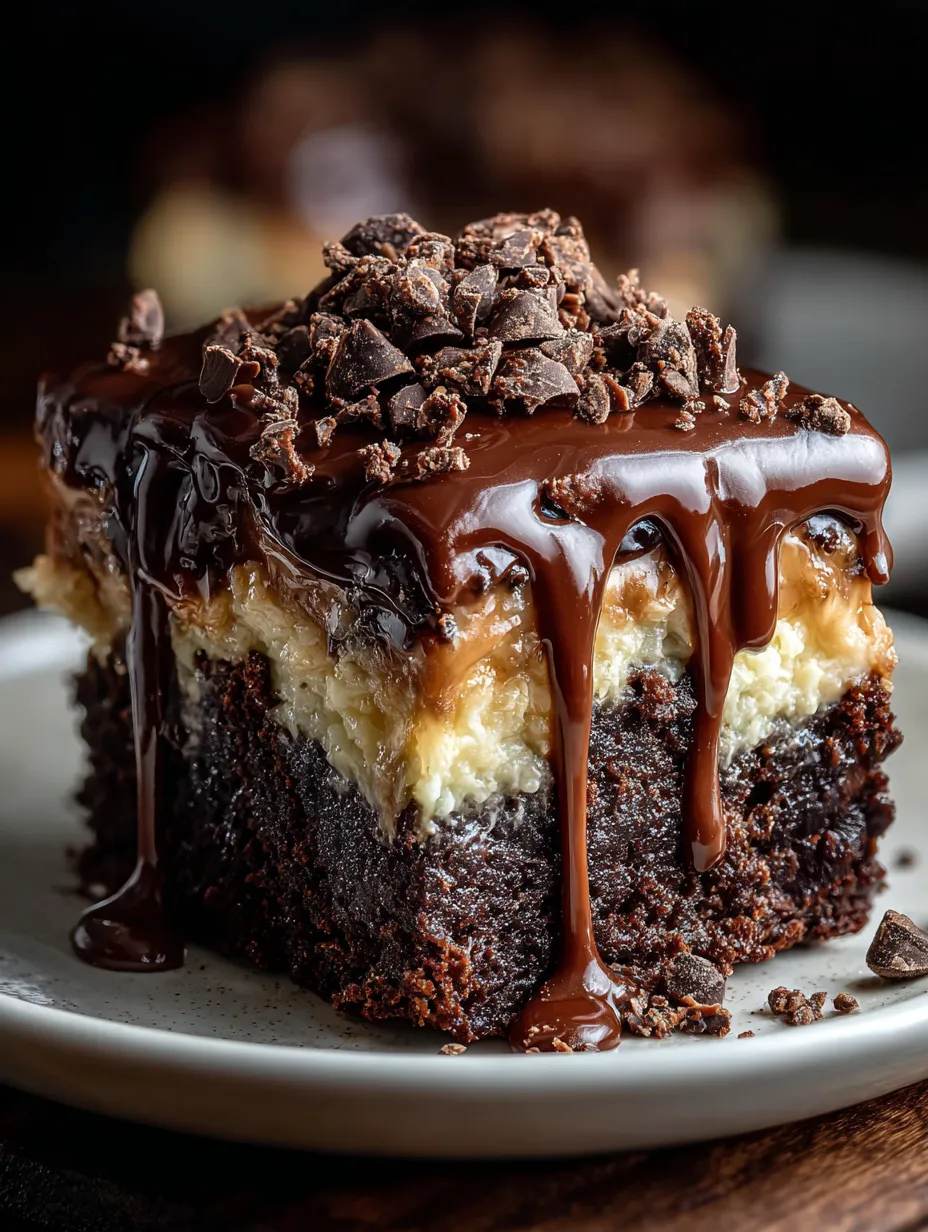 Pastel de chocolate con chorrito de chocolate encima.