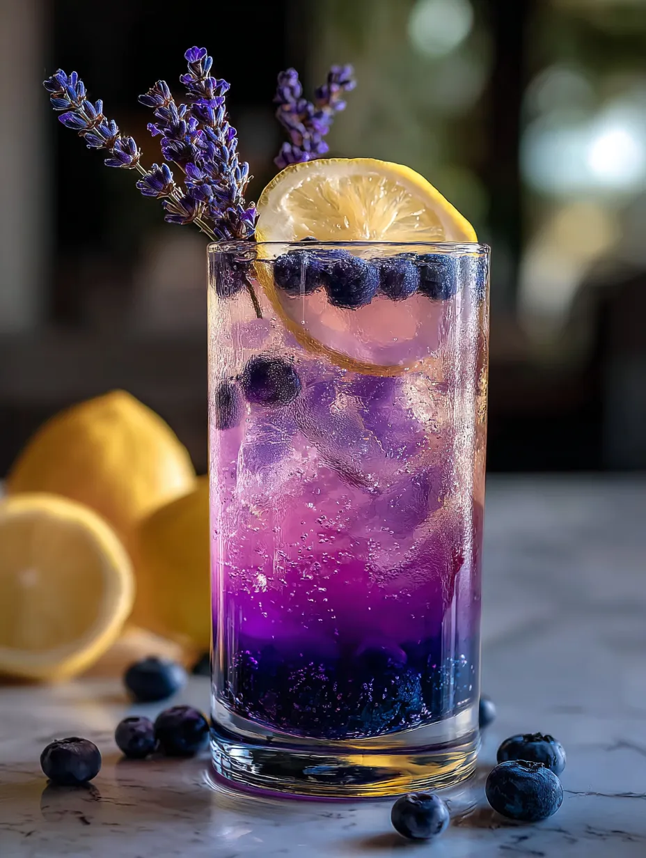 Bebida color morado con arándanos y rodajas de limón.