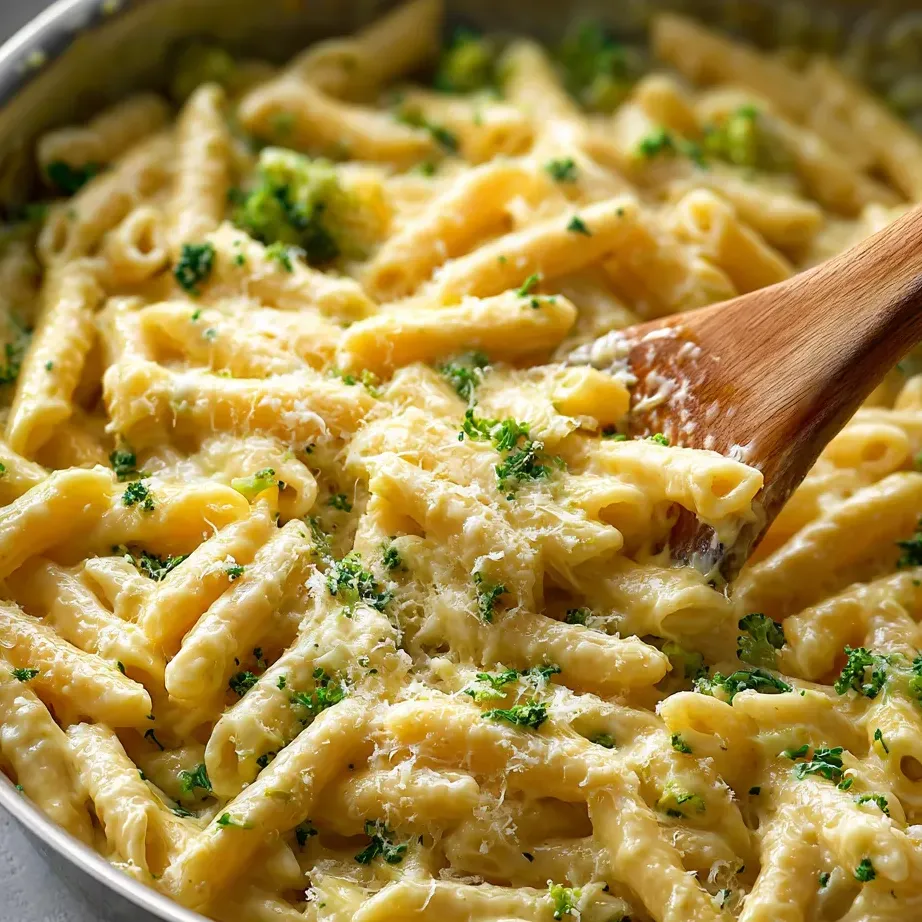 Un plato de pasta con brócoli y queso.