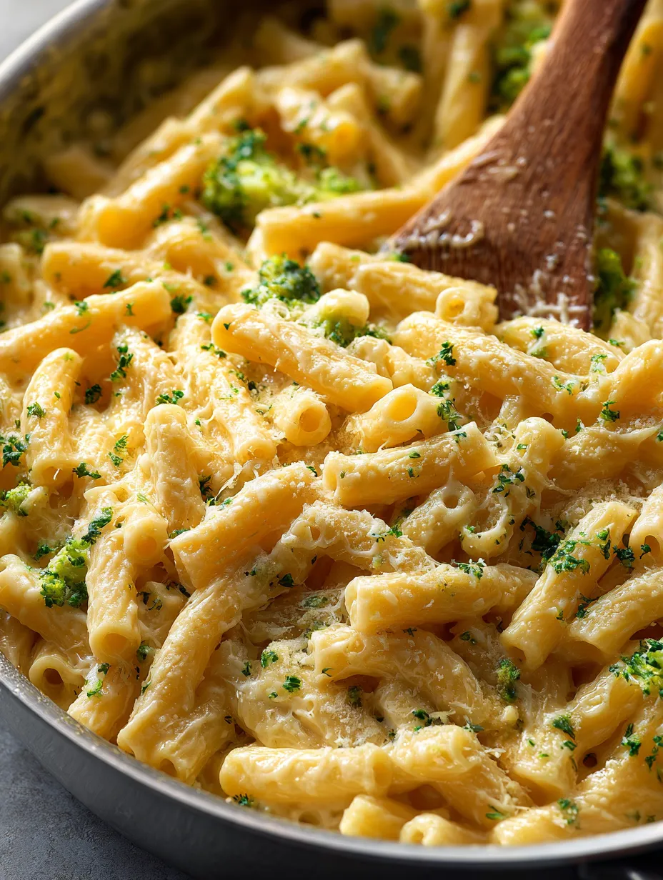 Un plato de pasta con brócoli y queso.