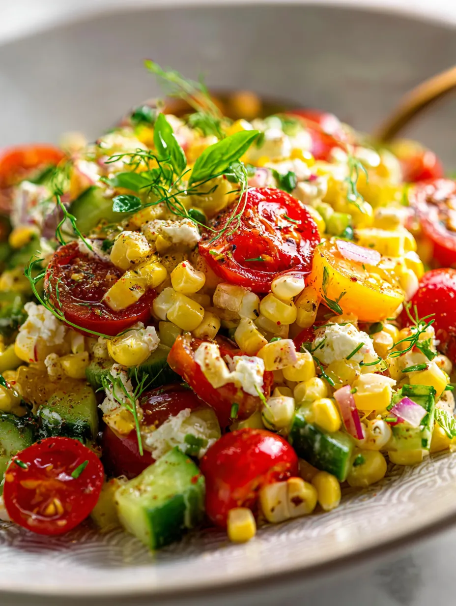 Un bol de verduras con maíz, tomates y pepino.