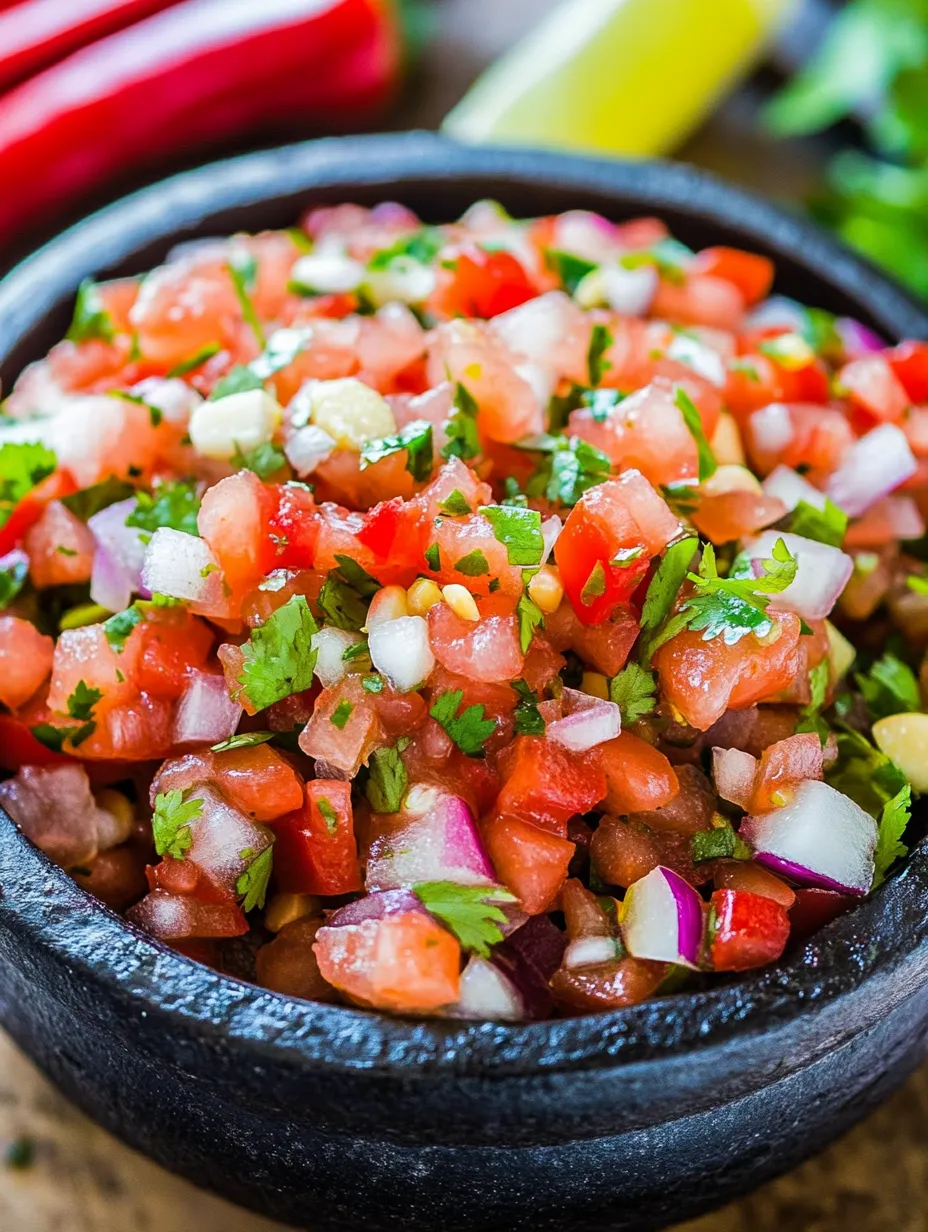Un tazón de salsa con tomate, cebolla y cilantro.