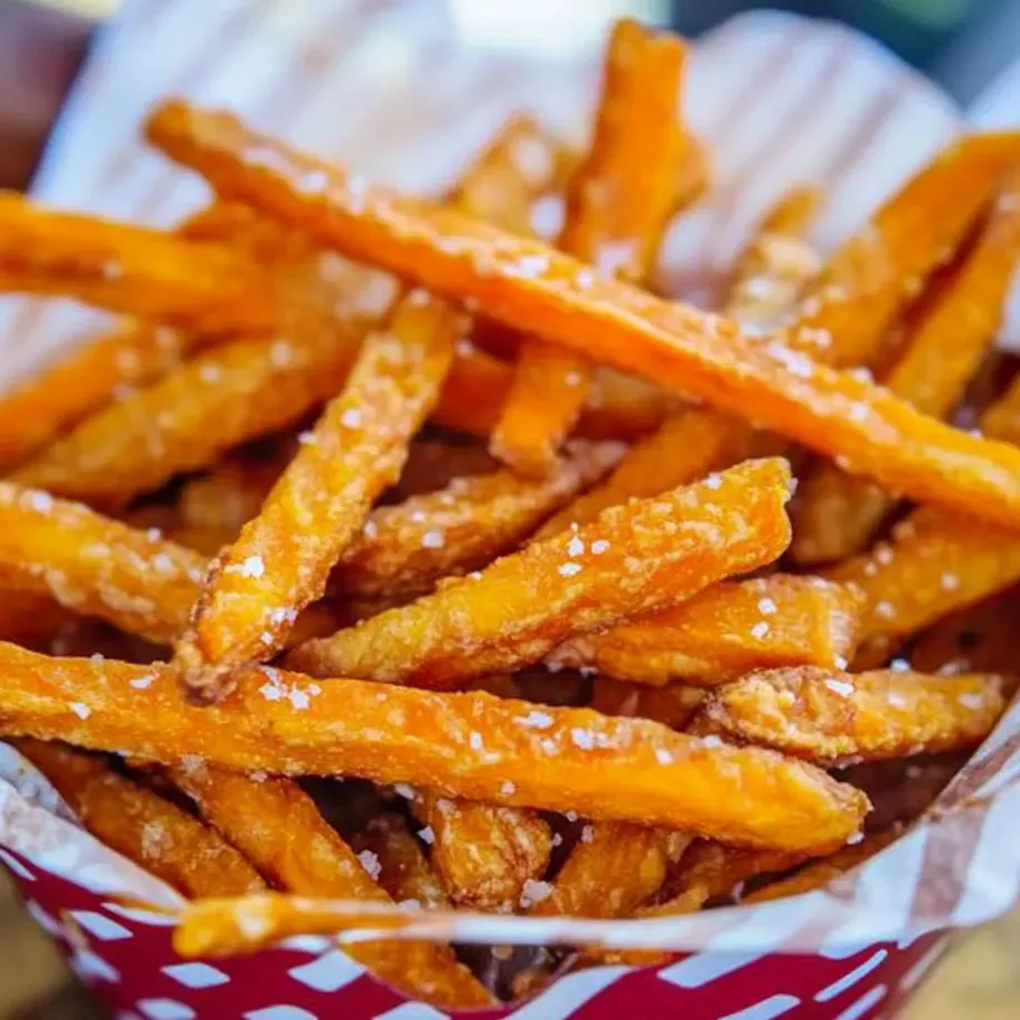 Una canasta de papas con un mantelito a cuadros rojos y blancos.