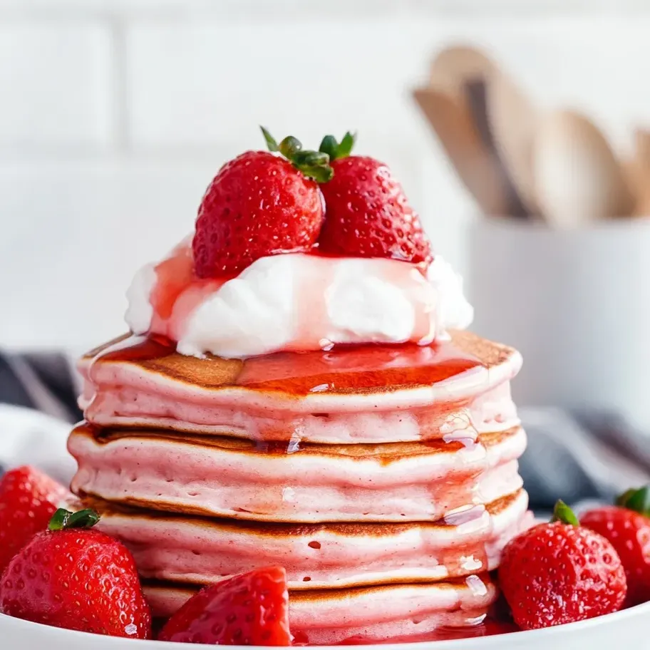 Una torre de panqueques con fresas arriba.