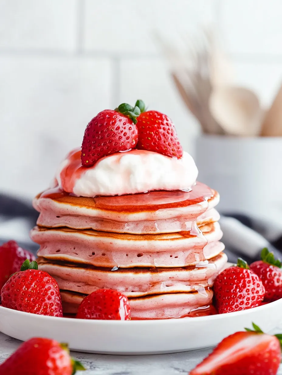 Una torre de panquecas con fresas encima.