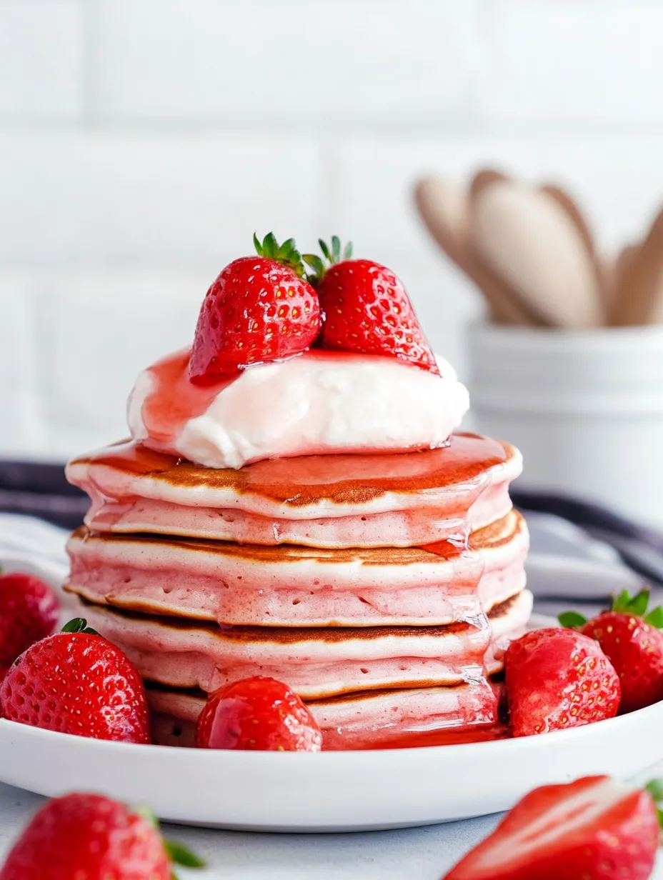 Una torre de panquecas con fresas encima.