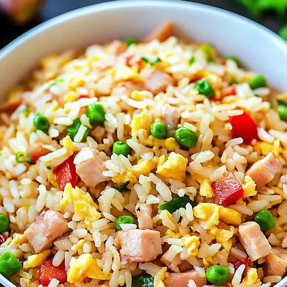 Un bol de arroz con guisantes y jamón.