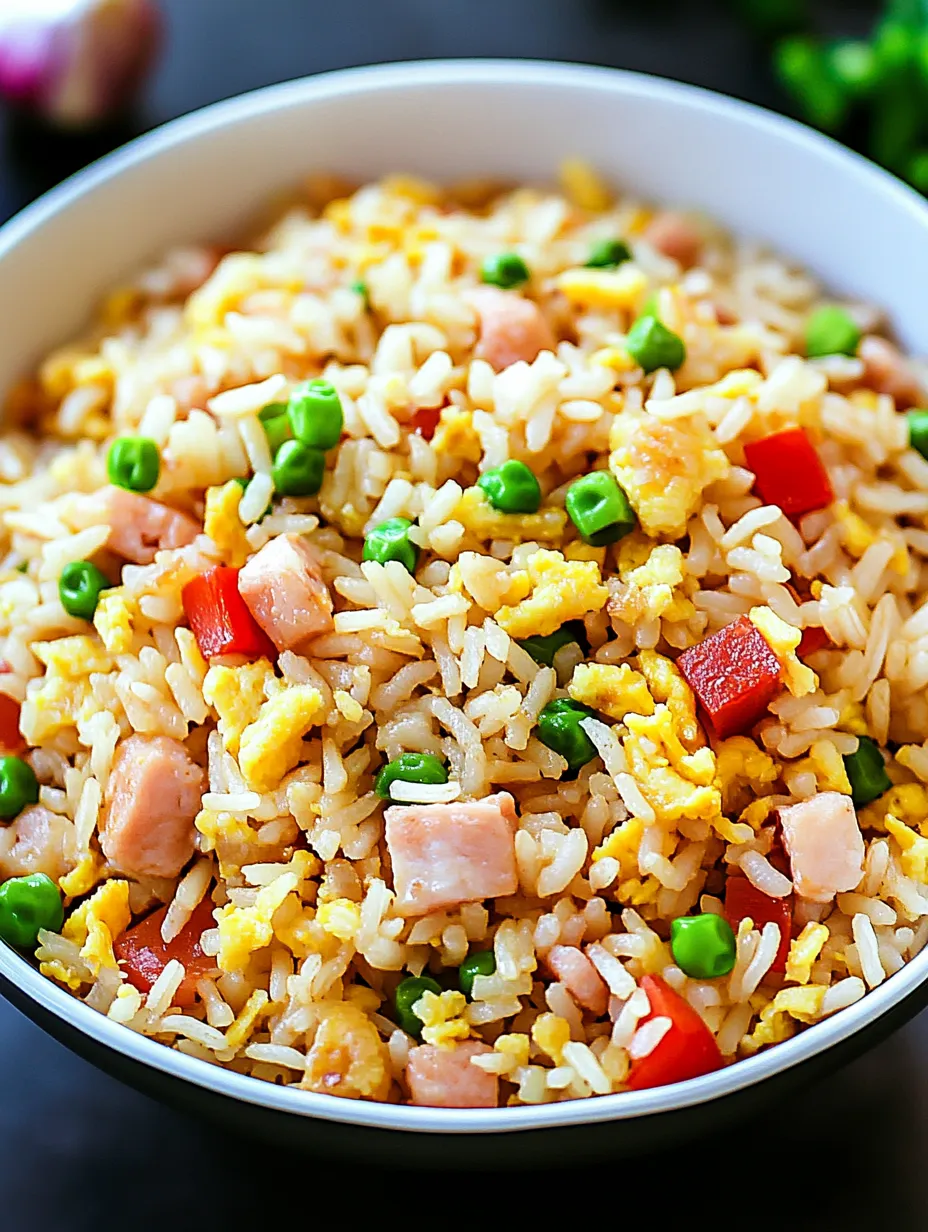 Un bol de arroz con chícharos y jamón.