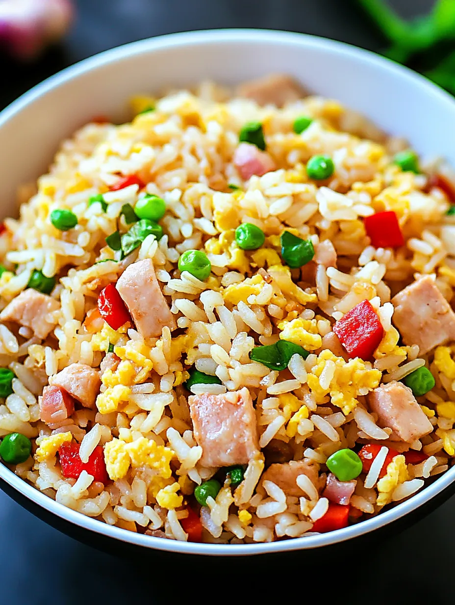 Un bol de arroz con chícharos y jamón.
