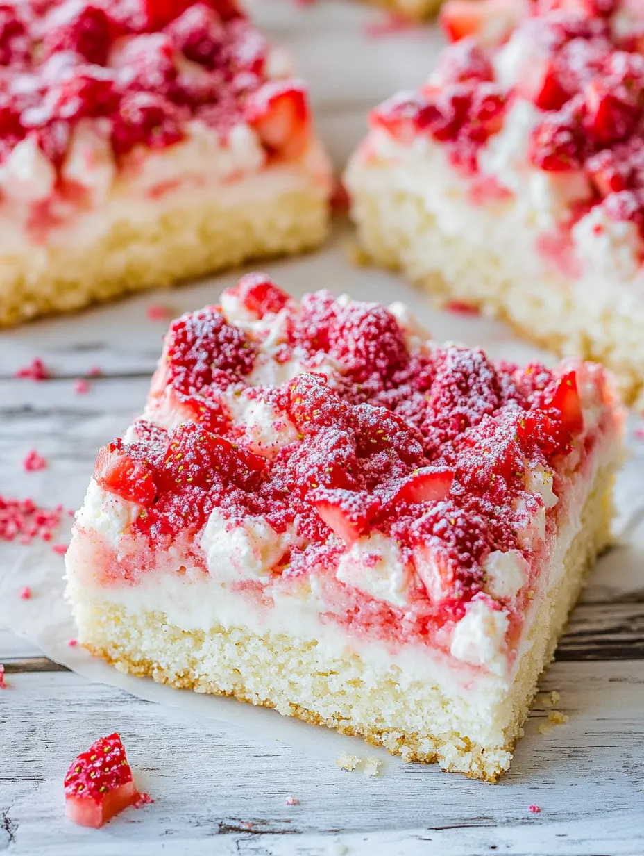 Rebanada de bizcocho con fresas encima.