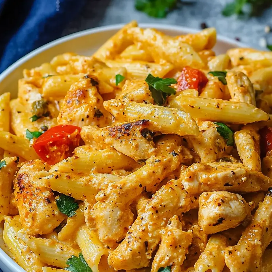 Un plato de pasta con pollo y tomates.