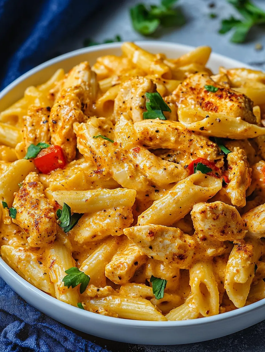Un plato de pasta con pollo y verduras.