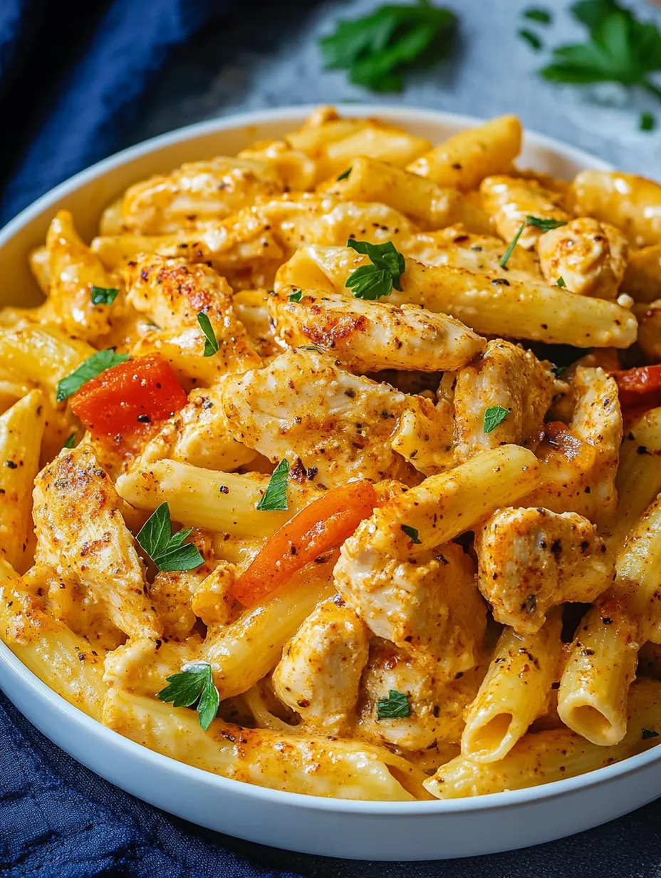 Un plato de pasta con pollo y tomates.