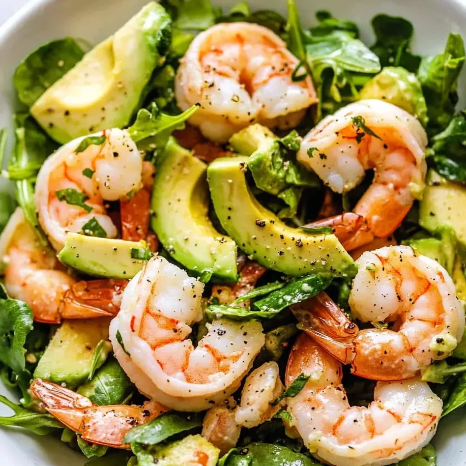 Un bowl de ensalada de camarón con aguacate y lechuga.