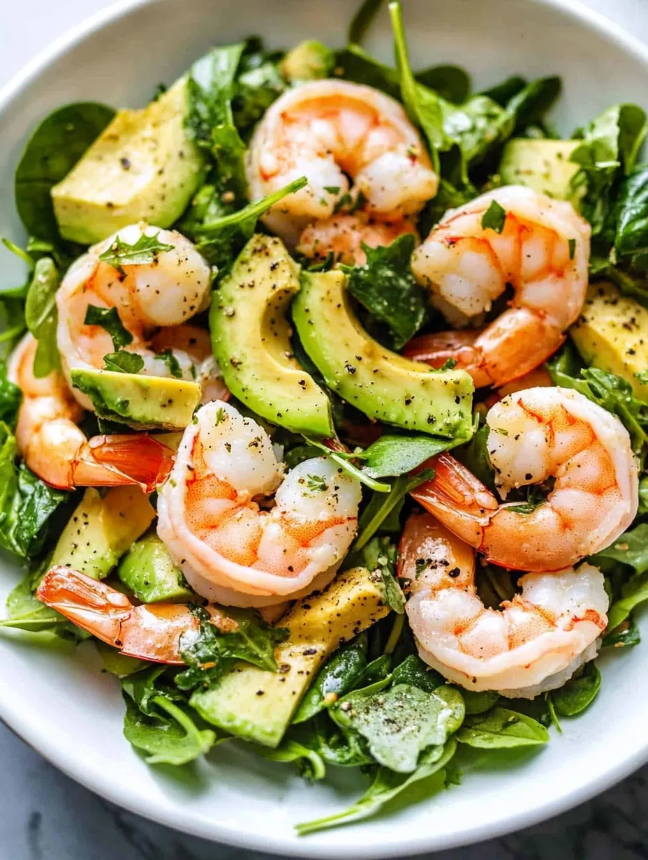 Un bol de ensalada de camarones con aguacate y lechuga.