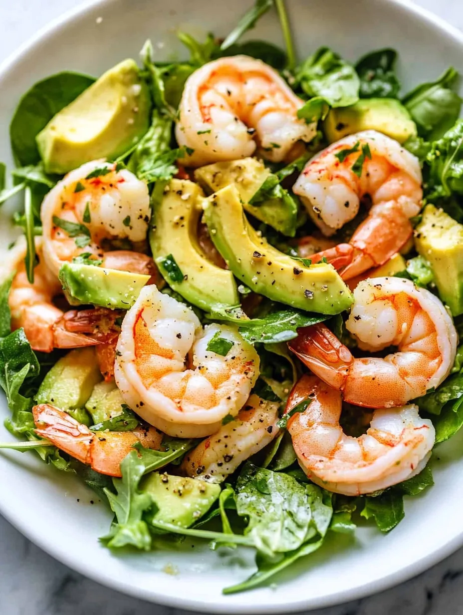 Un plato de ensalada de camarones con aguacate.