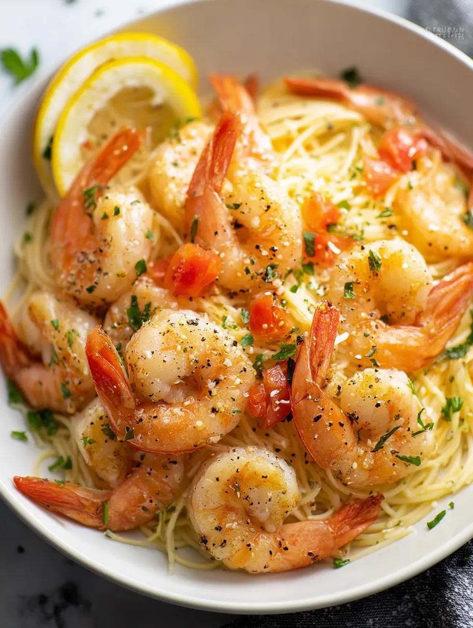 Un plato de pasta con camarones.