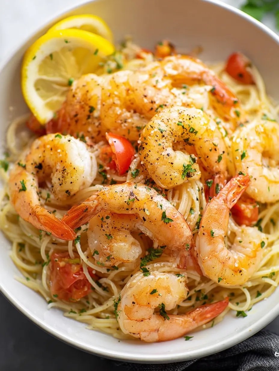 Un plato de pasta con camarones.