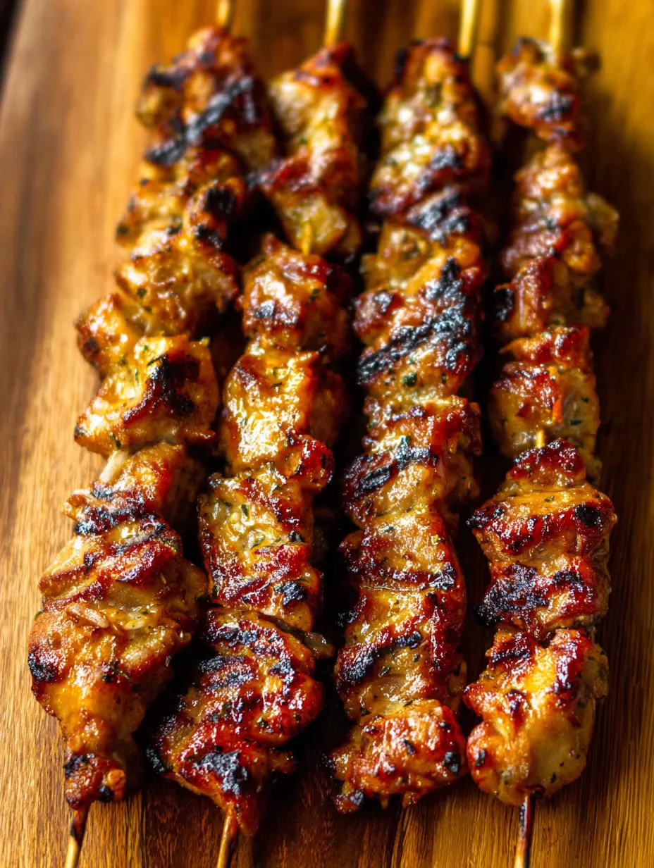 Tabla de cortar de madera con brochetas de carne asada.
