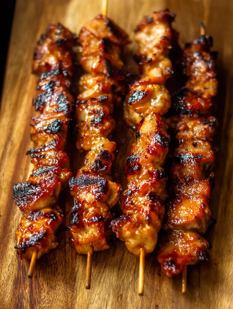 Tabla de madera con brochetas de carne a la parrilla.