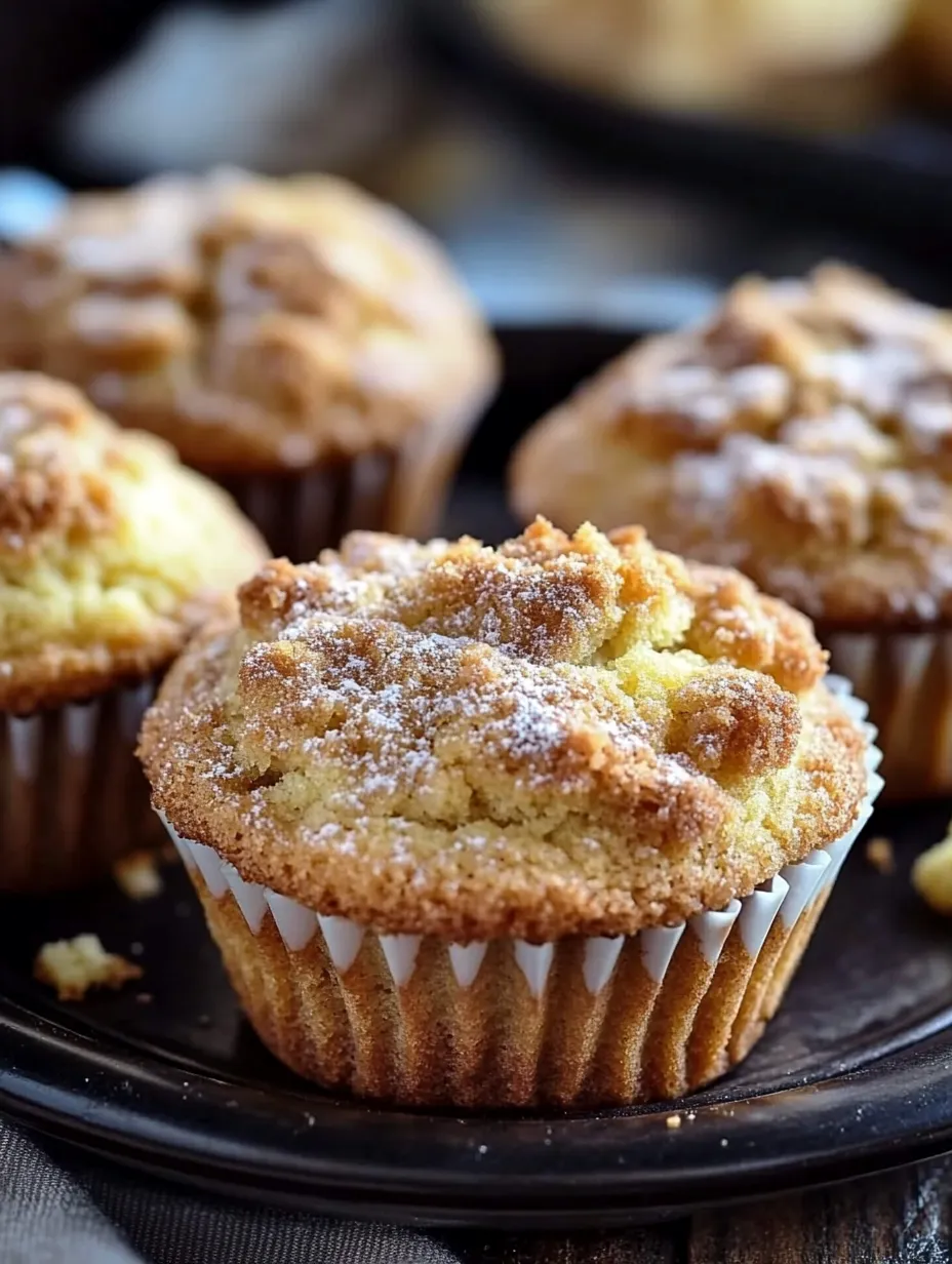 Un plato con muffins espolvoreados en azúcar glas.