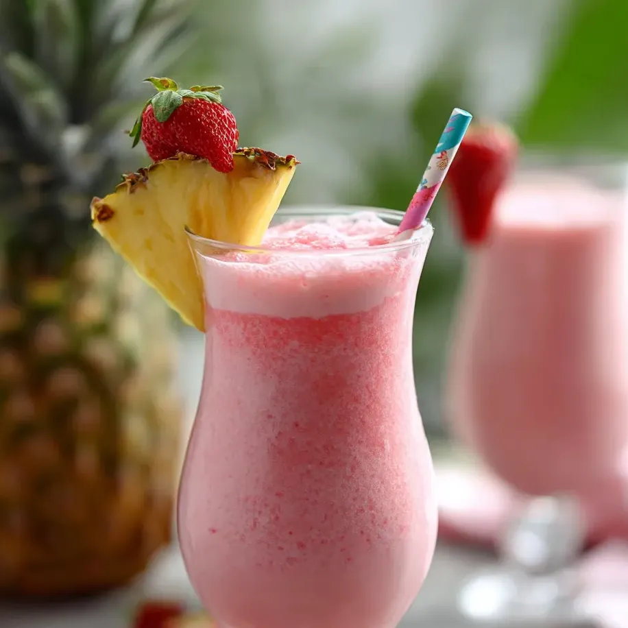 Vaso con bebida rosada y un trozo de piña encima.