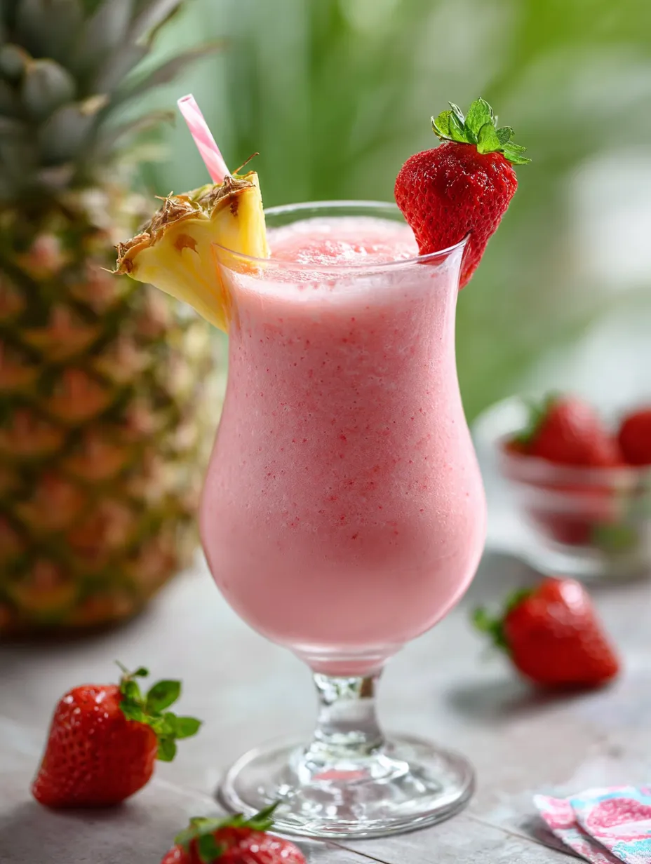 Vaso de bebida rosa con trozo de piña.