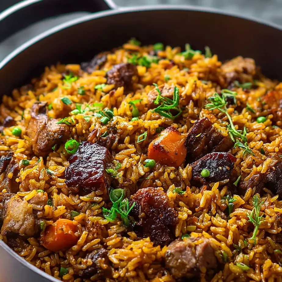 Un plato de arroz con carne y verduras.
