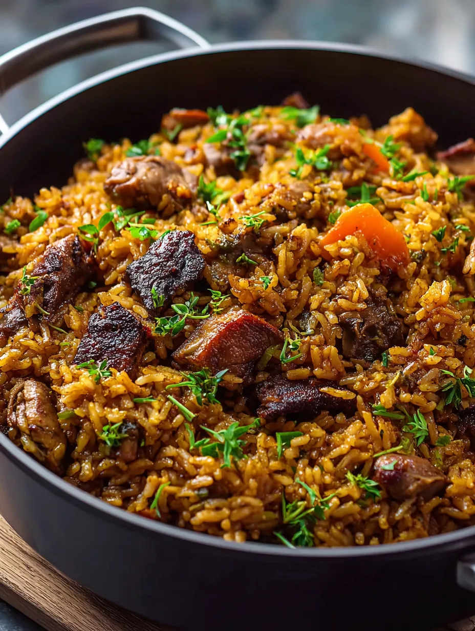 Plato de arroz y carne.