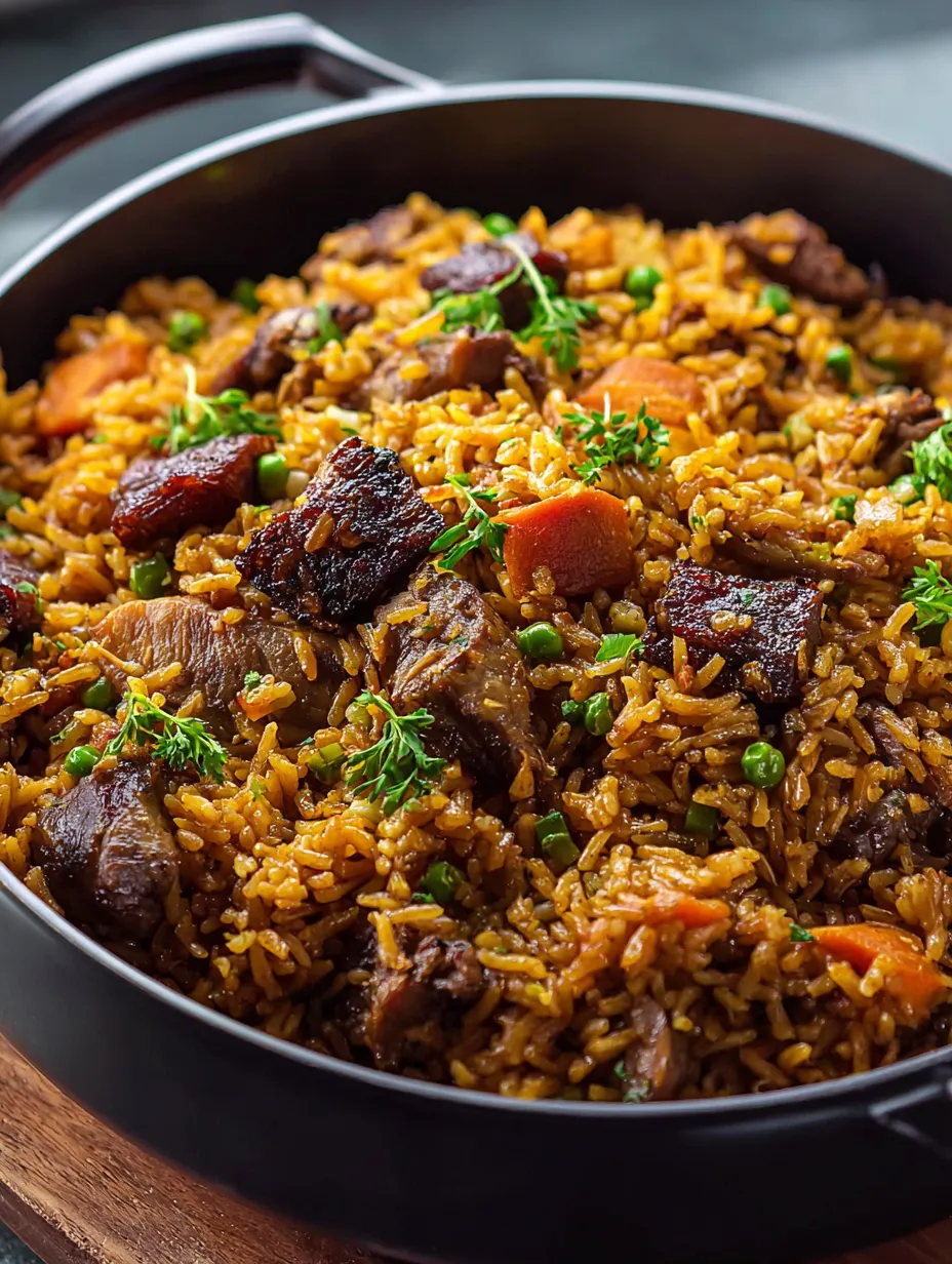 Un plato con arroz, carne y verduras.