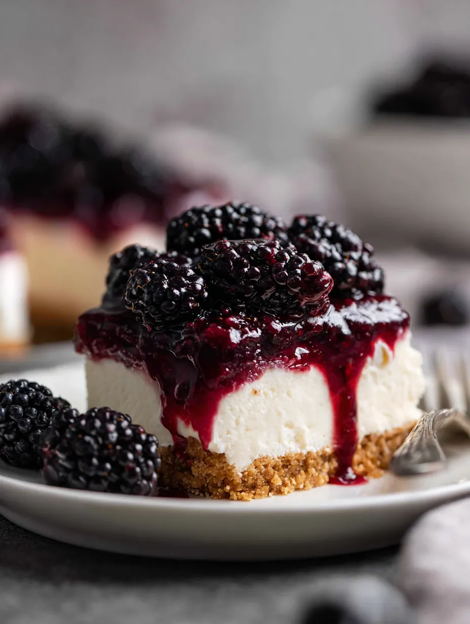 Porción de cheesecake con moras arriba.