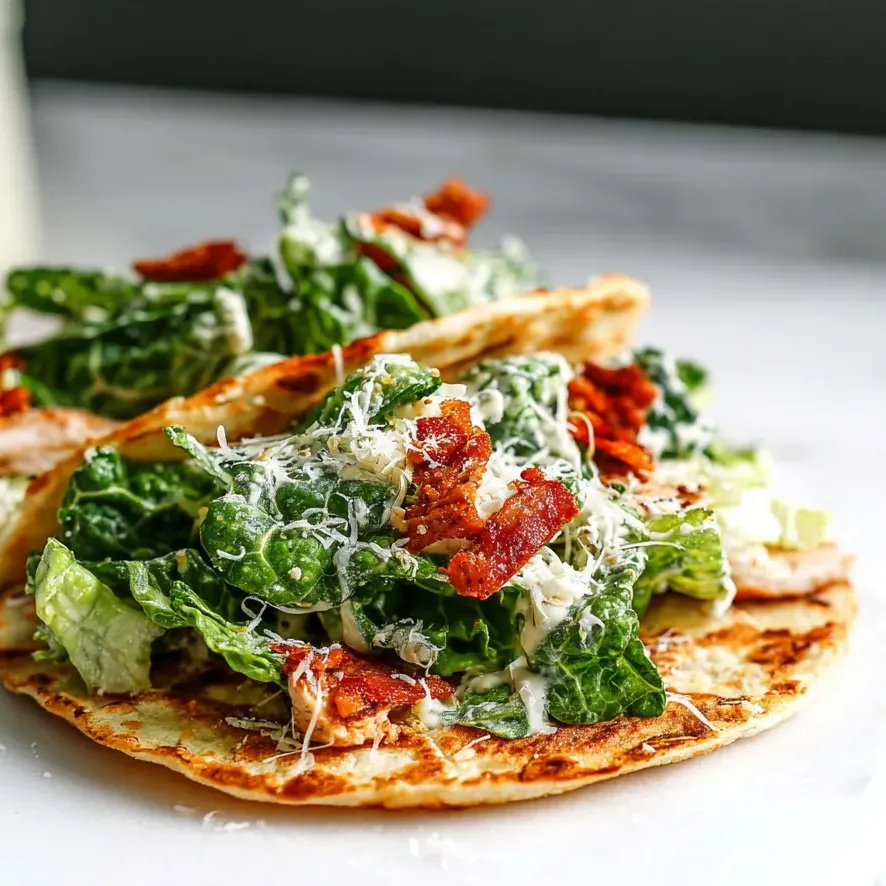 Una tortilla con ensalada de lechuga, tocino y queso.