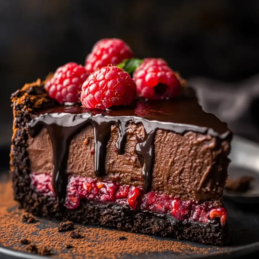 Un trozo de pastel de chocolate con frambuesas encima.