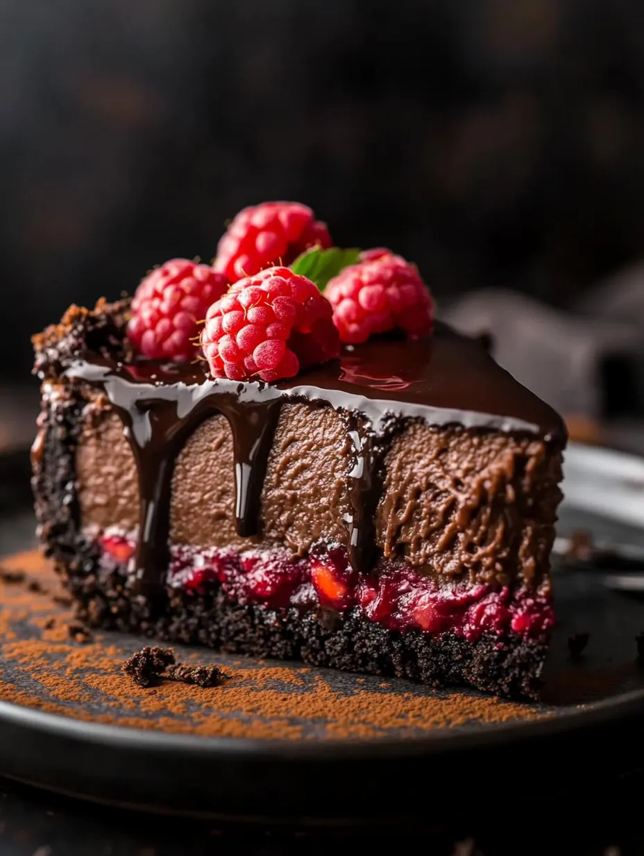 Trozo de tarta de chocolate con frambuesas arriba.