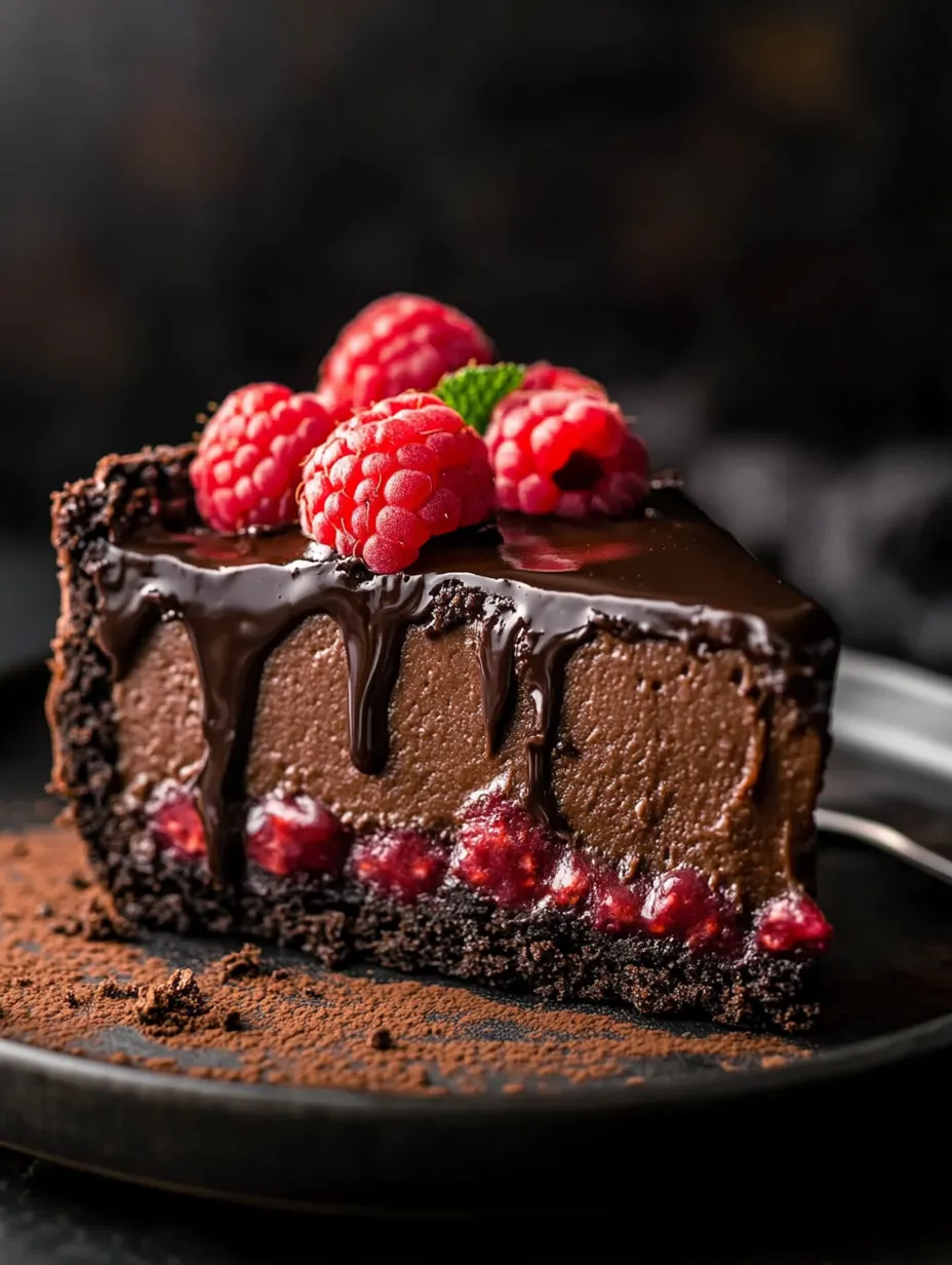 Trozo de tarta de chocolate con frambuesas arriba.