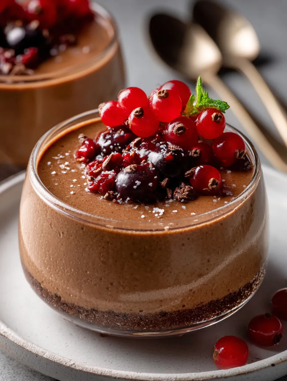 Un postre de chocolate con frutos rojos arriba.
