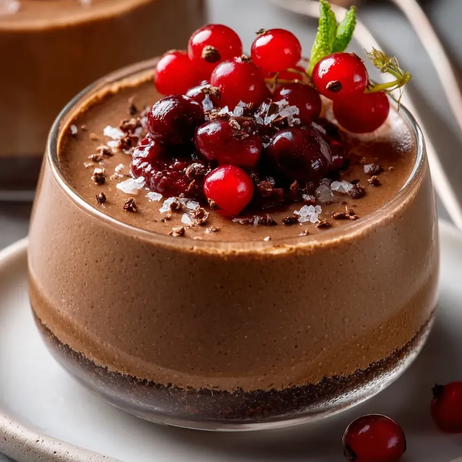 Un postre de chocolate con frutos rojos por encima.