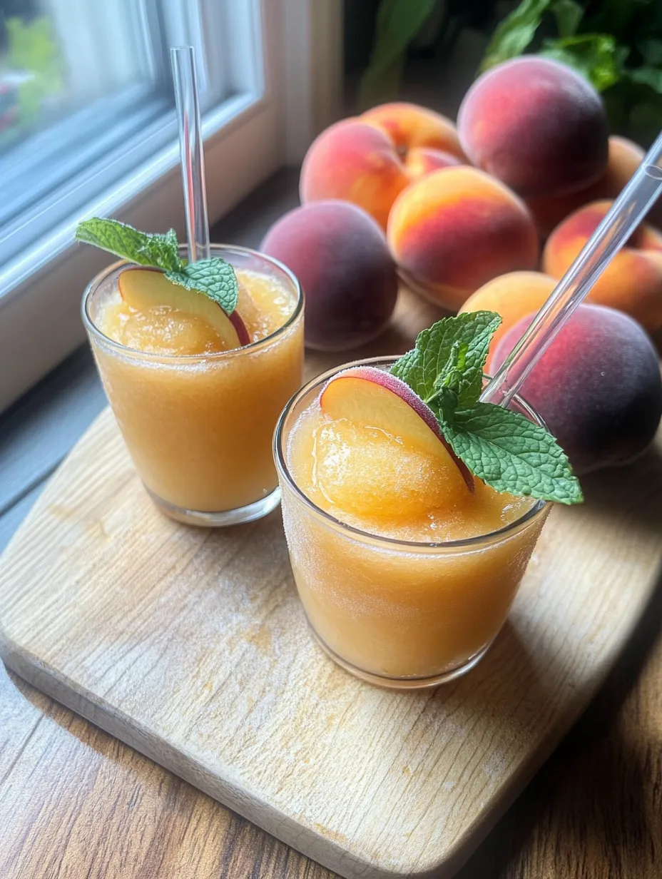 Dos vasos de jugo de durazno con menta decorando.