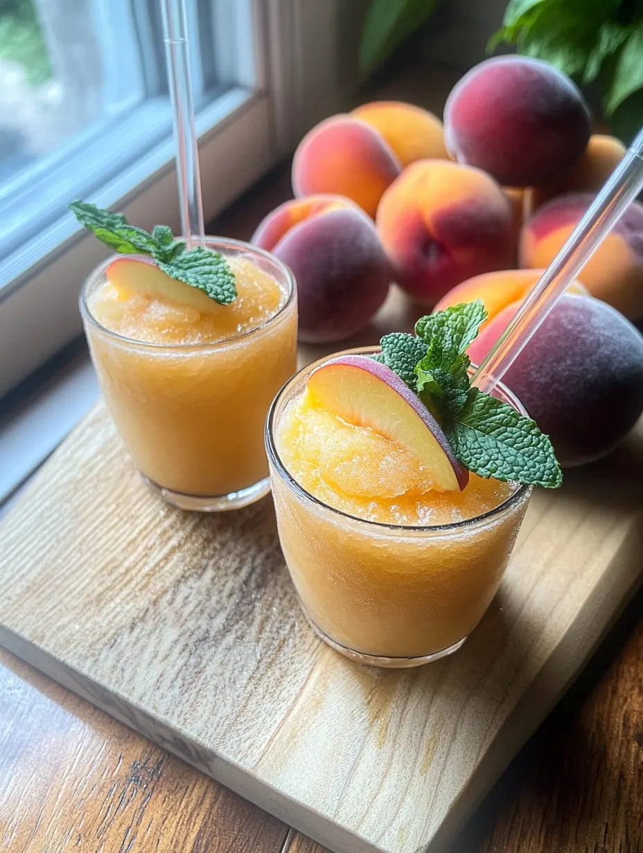 Dos vasos de jugo de durazno con hojas de menta.