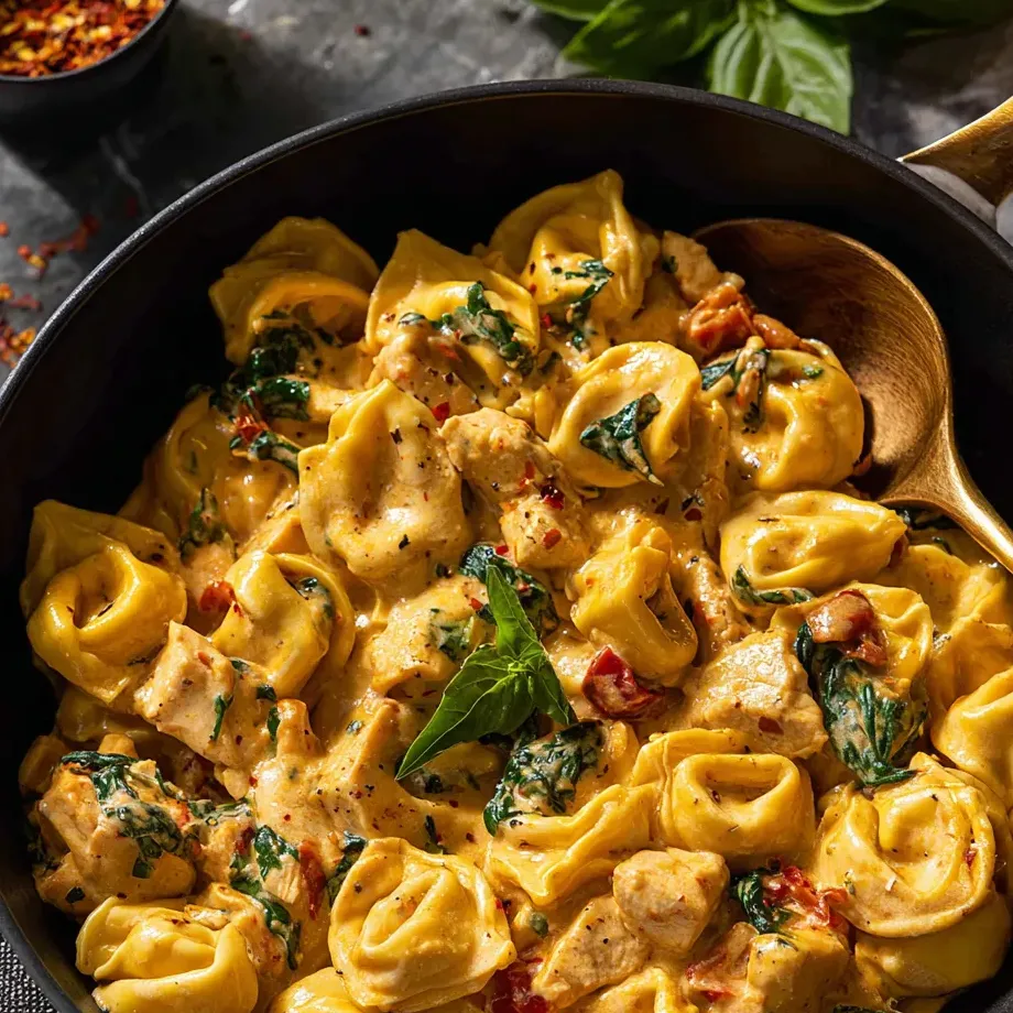 Un plato de pasta con una cuchara dentro.