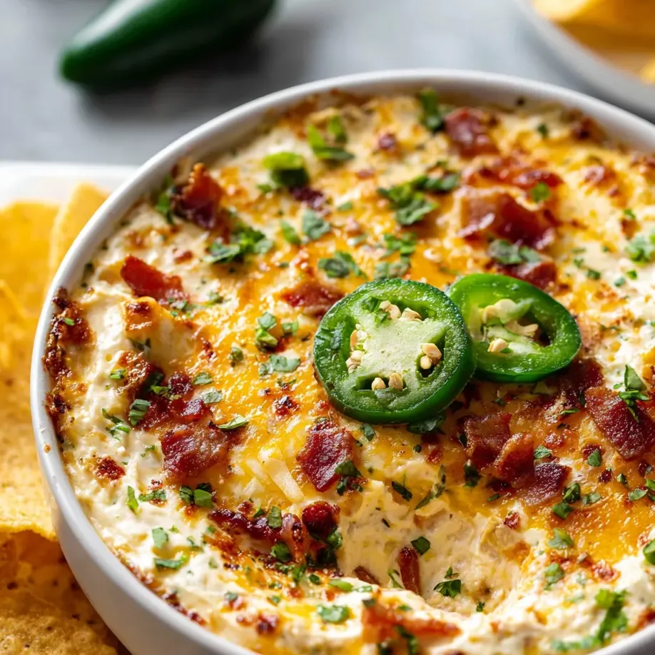 Un tazón de dip con jalapeños y bacon.