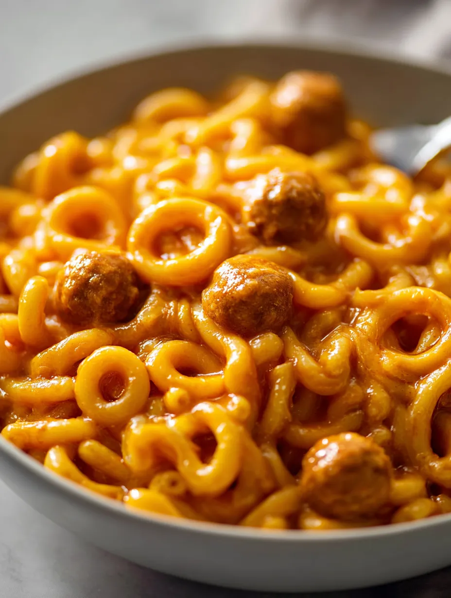 Un plato de pasta con albóndigas.